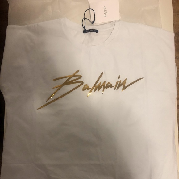 Balmain- White T-shirt with signature logo in gold - Picture 2 of 8